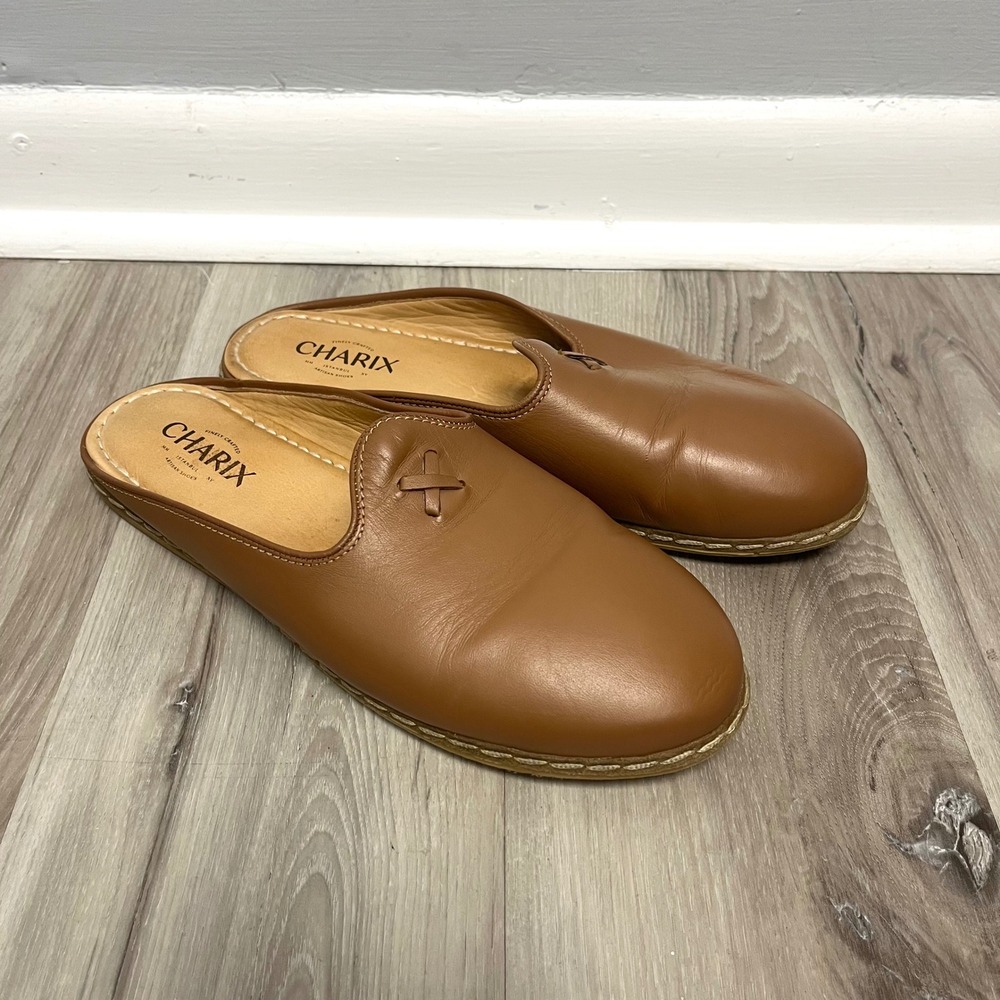 Charix Shoes Women's EU 40 / US 9  Camel Tan Brown Leather Artisan Slip On Mules